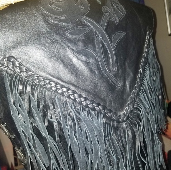 Vintage Black Leather Tassle Biker Vest - Picture 1 of 8